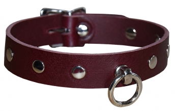 Lockable Leather studded Collar, bordeaux red