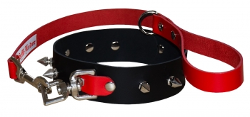Abschließbares Halsband mit Lederleine schwarz / rot