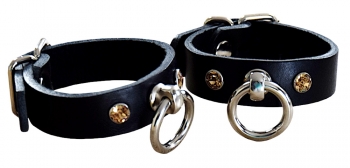 Sexy Leather Hand Cuffs with Swarovski Crystals, schwarz